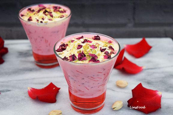 Falooda with ice cream, pistachios and rose petals