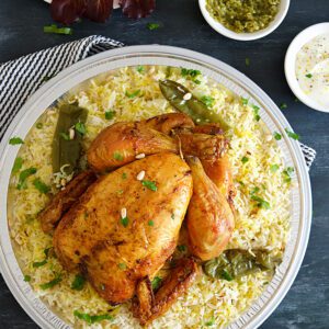 Yemeni Chicken Mandi, smoky roast chicken on a bed of rice