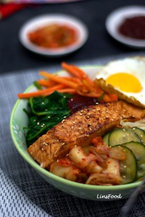 Salmon Bibimbap Korean Rice Bowl with kimchi