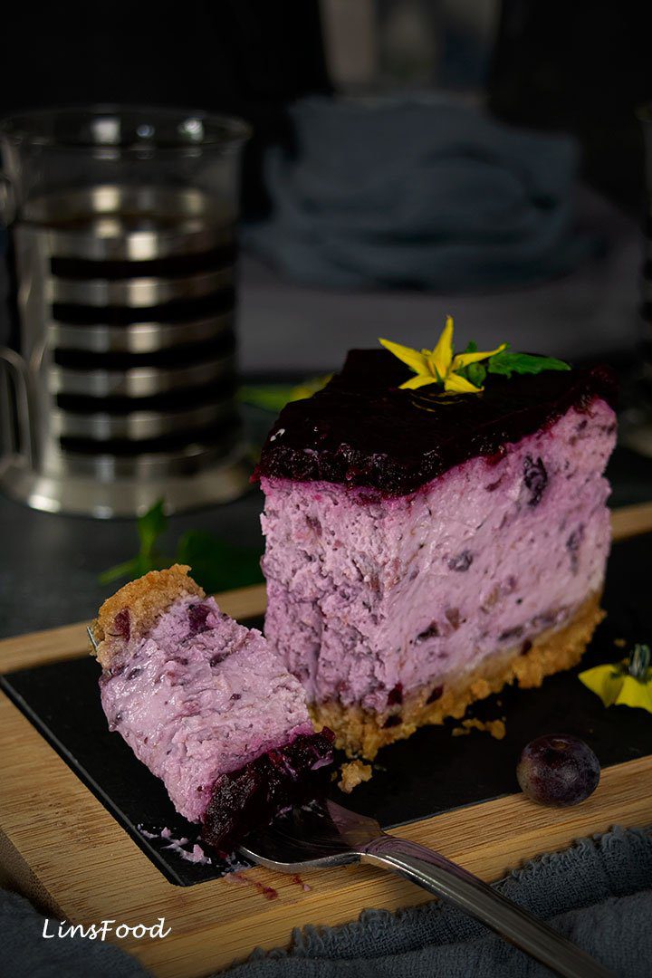 Eggless Blueberry Cheesecake on a fork