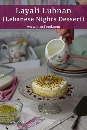 pouring syrup on semolina pudding, small round with pistachios and rose petals on small cake satnd
