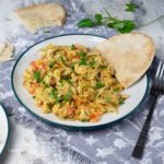 plate of khageena, Pakistani scrambled eggs , with flatbread