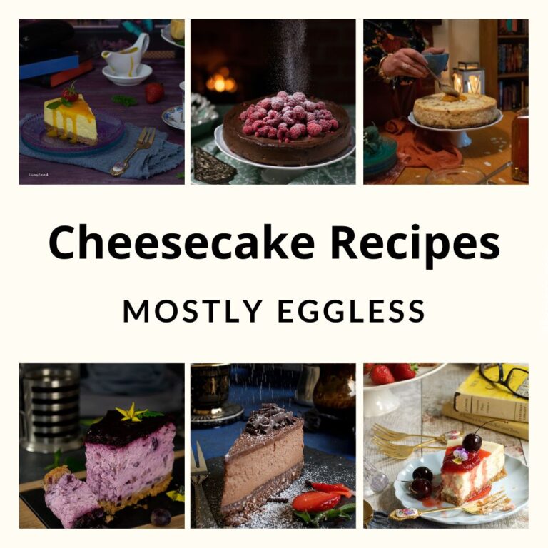 A collage of assorted cheesecakes in different styles and toppings, mostly eggless, including christmas pudding cheesecake, new york cheesecake and chocolate cheesecake, arranged on plates and stands to showcase texture and colour.