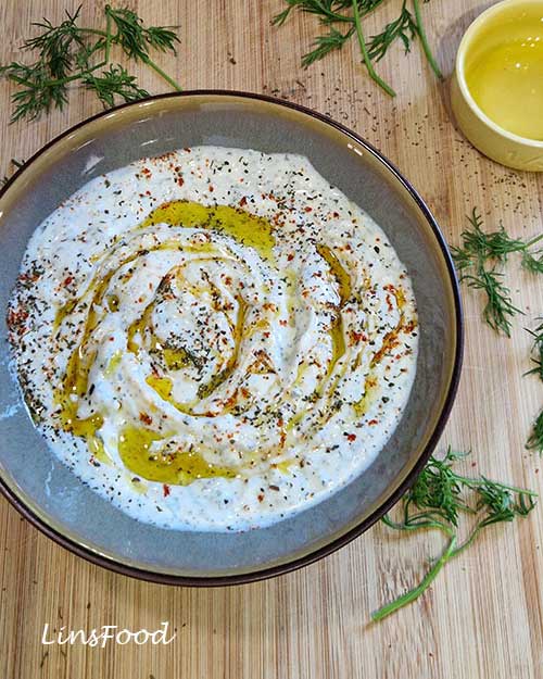 Turkish haydari yoghurt dip with feta, dill, dried mint, pul biber and olive oil
